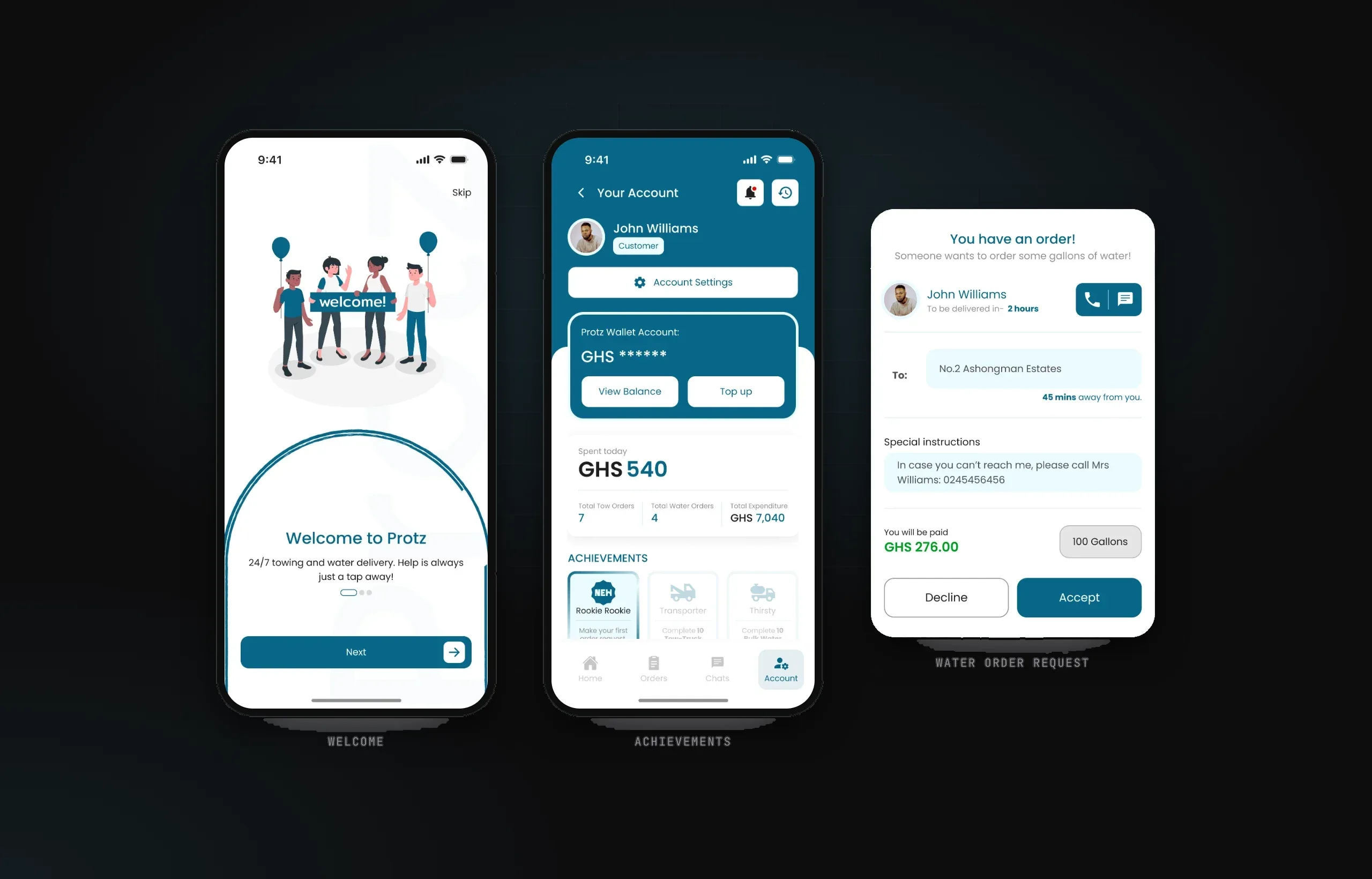 Protz onboarding, customer account with achievements and the water order pop-up