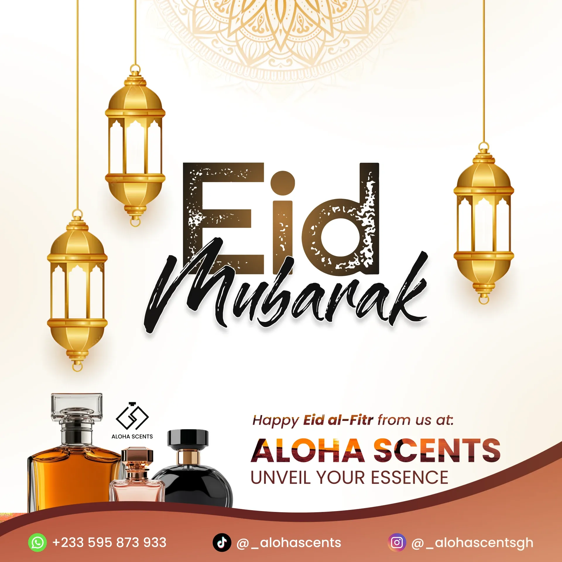 Eid Mubarak greeting with golden lanterns and Aloha Scents perfume bottles