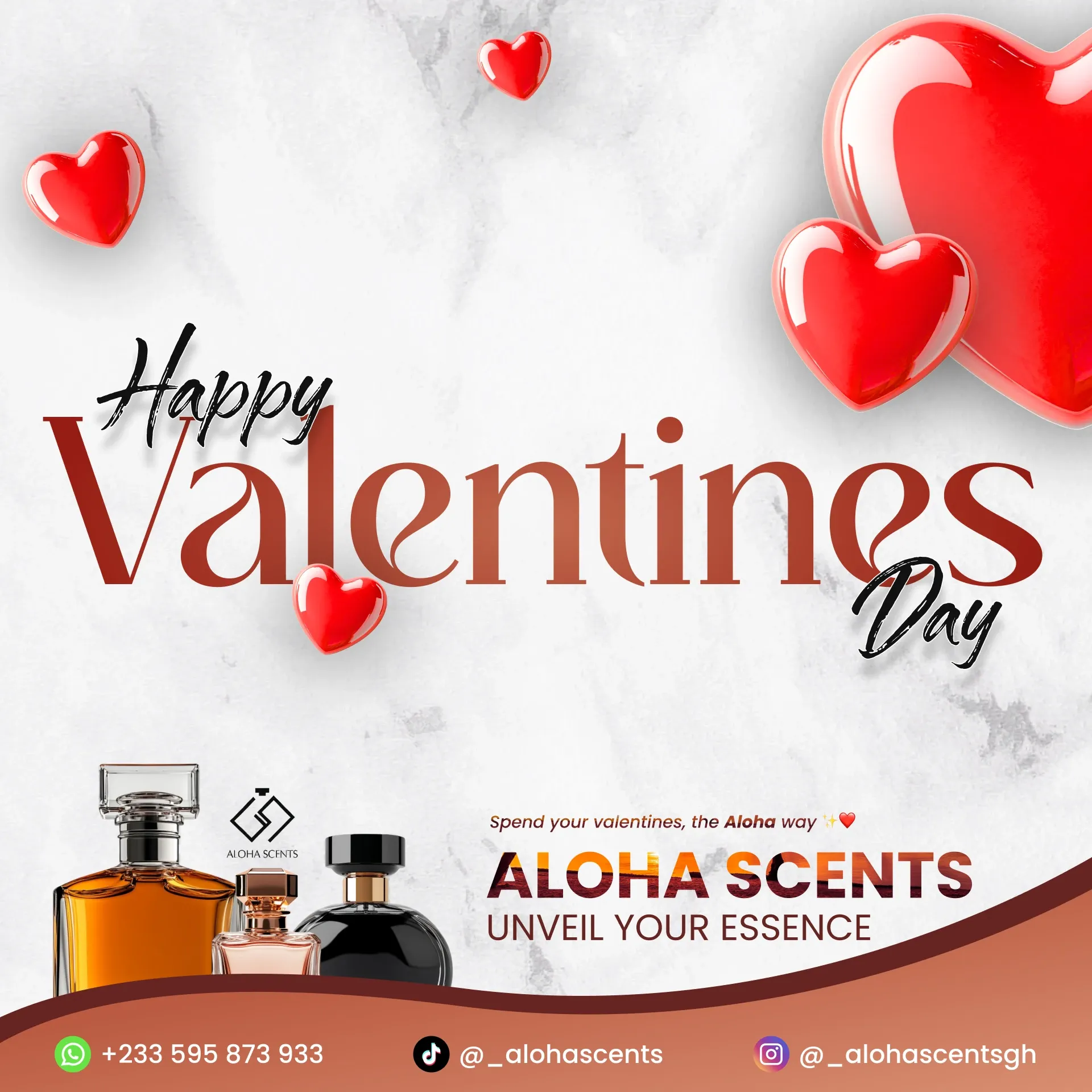 Valentine's Day post with red hearts and Aloha Scents perfume bottles