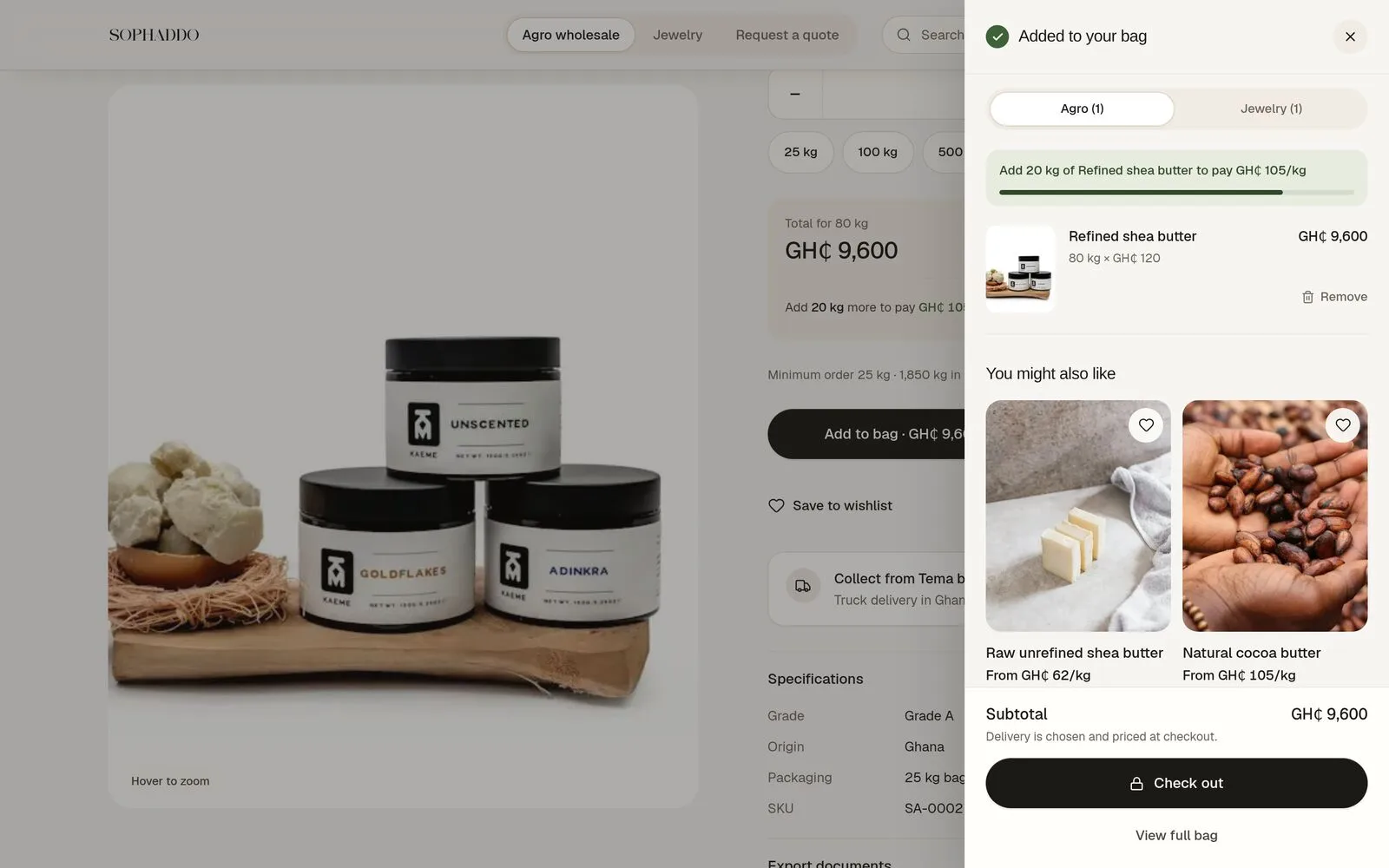 Bag drawer suggesting 20 kg more of refined shea butter to reach a lower price per kg