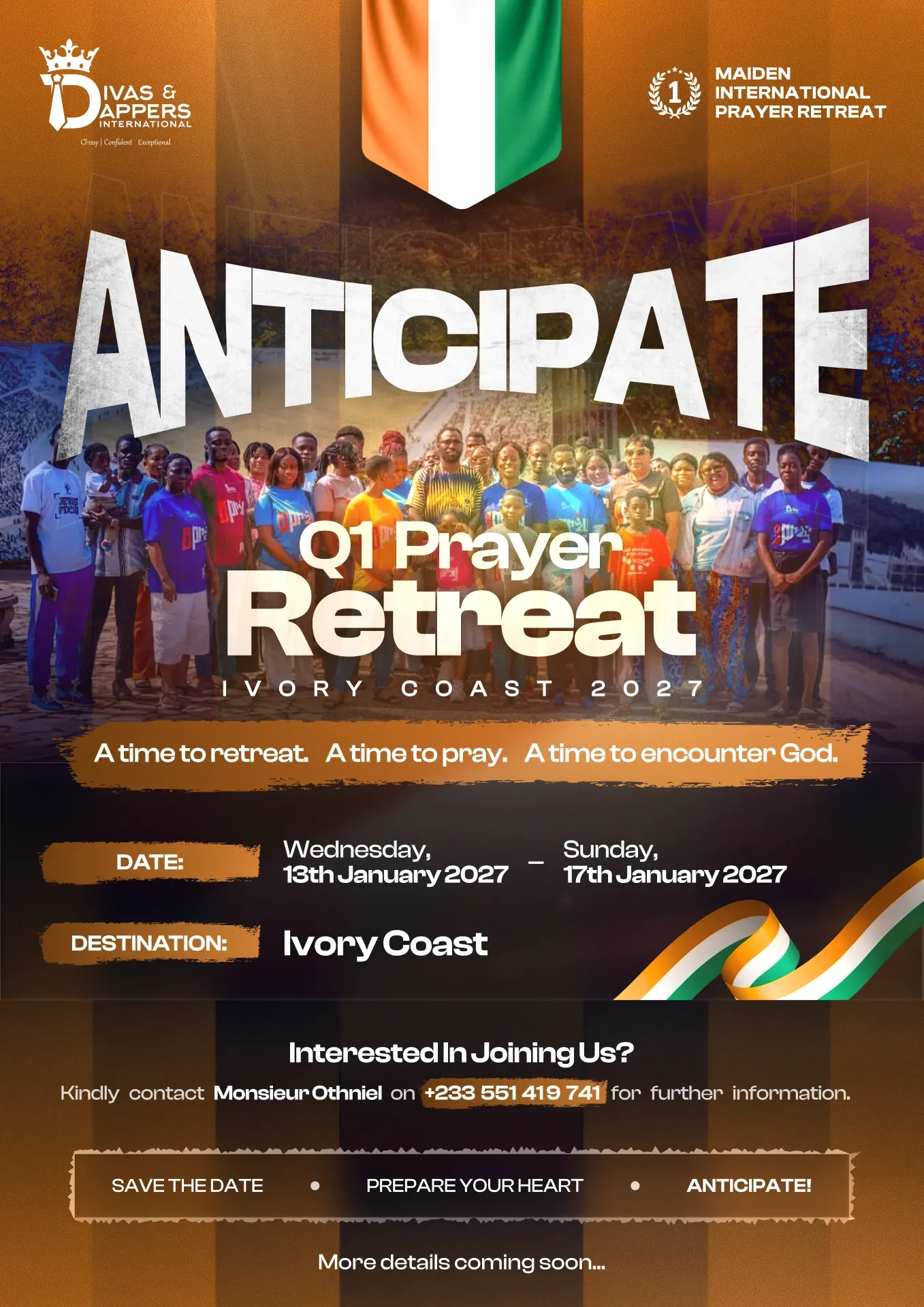 Flyer for the Anticipate Q1 Prayer Retreat in Ivory Coast, with a group photo, dates and destination