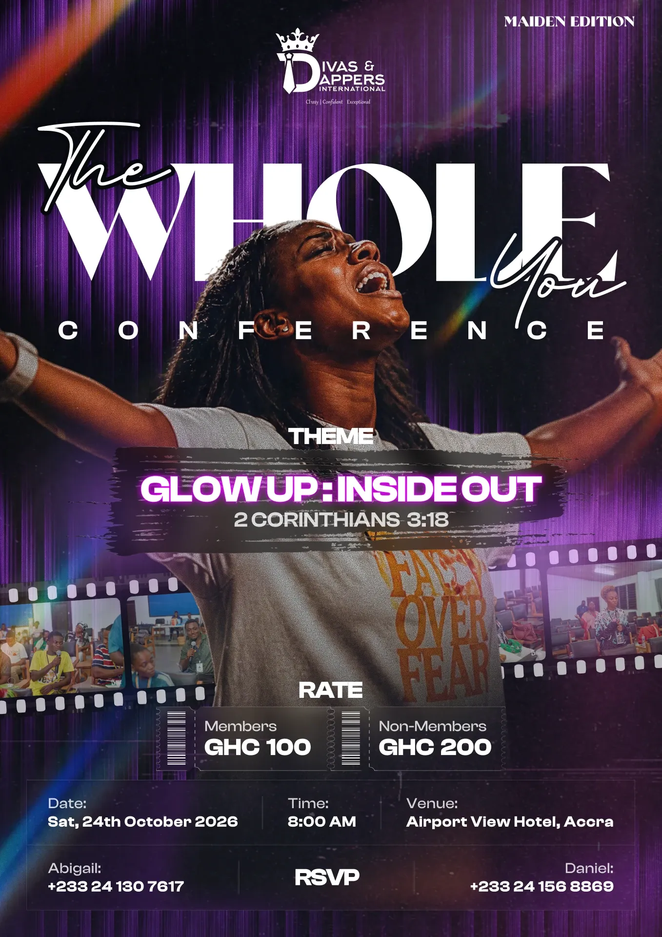 Conference flyer: The Whole You, theme Glow Up: Inside Out, with a woman celebrating in purple light, rates, date and venue
