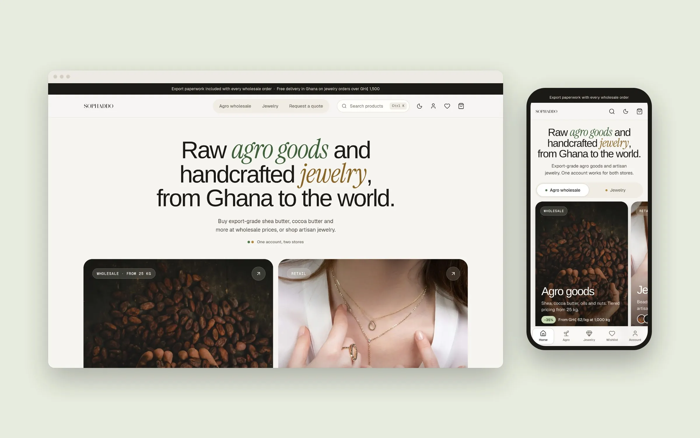 Sophaddo on desktop and phone: the split home page leads straight into the agro and jewelry stores
