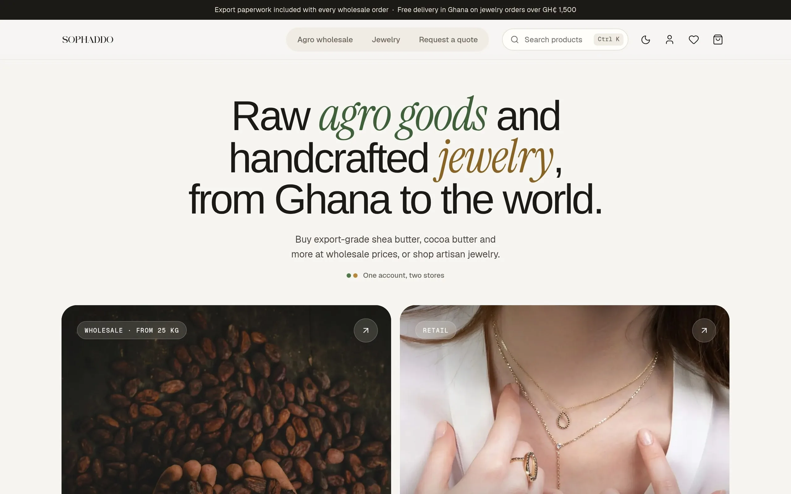 Desktop home page with a split hero: agro goods on the left, jewelry on the right