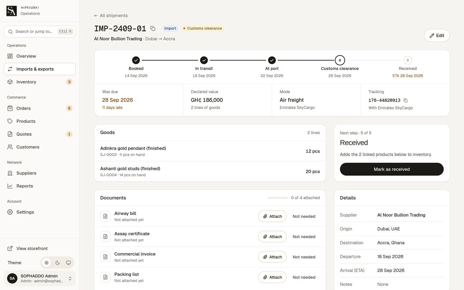 Shipment detail with a five-stage tracker from booked to received, showing it is 11 days late