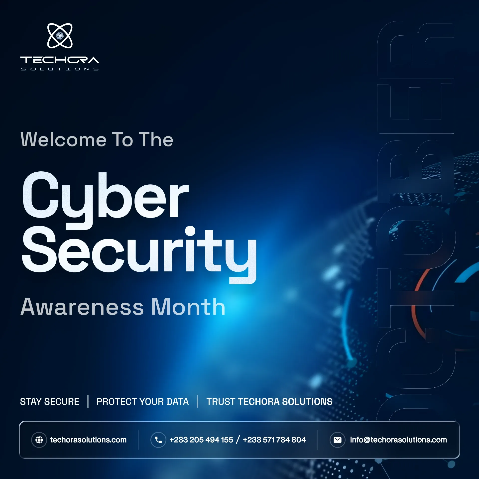 Dark blue post: Welcome to the Cyber Security Awareness Month, stay secure, protect your data