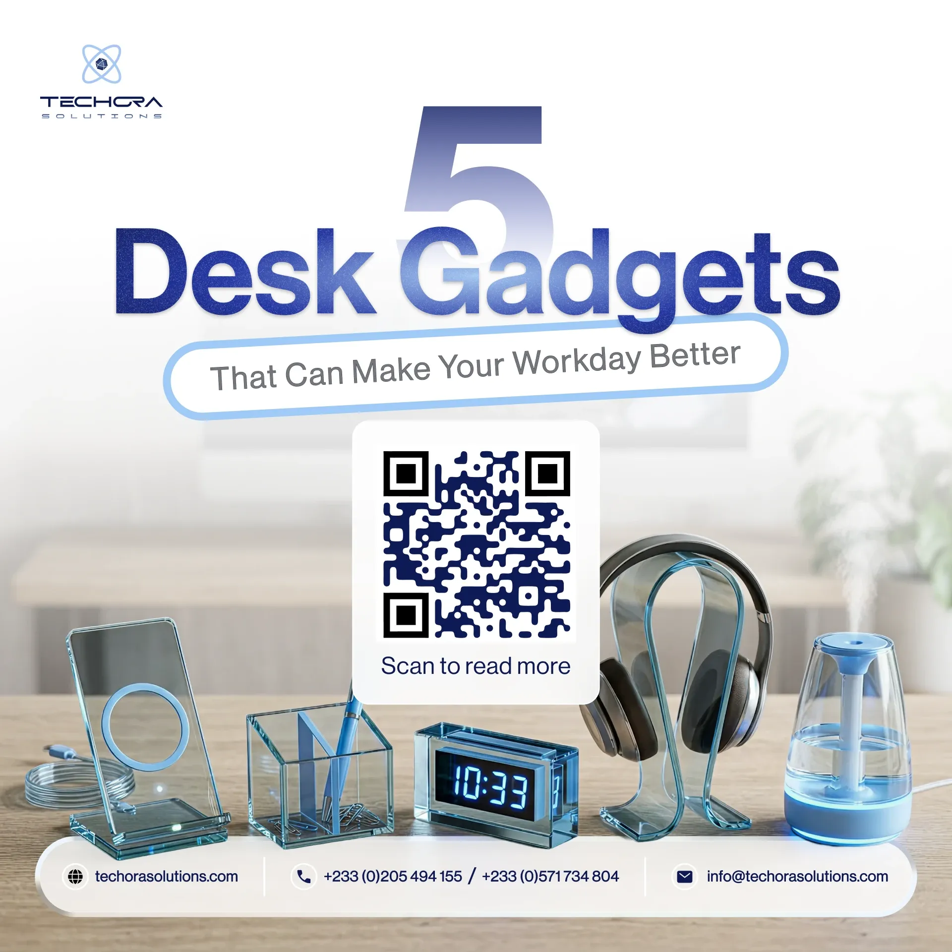 Article post: 5 desk gadgets that can make your workday better, with a QR code and gadgets on a desk