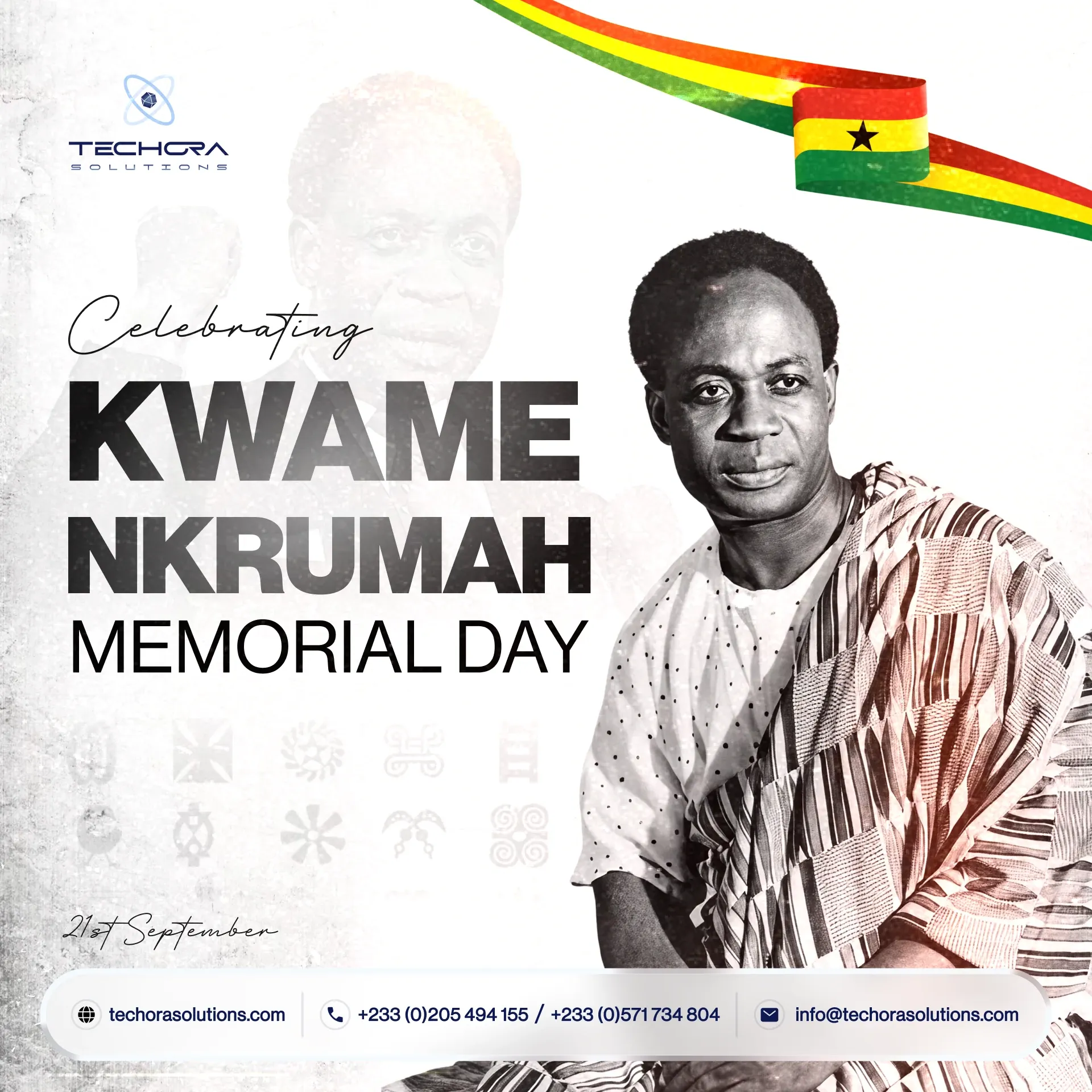 Social post celebrating Kwame Nkrumah Memorial Day, with his portrait, the Ghana flag and Adinkra symbols