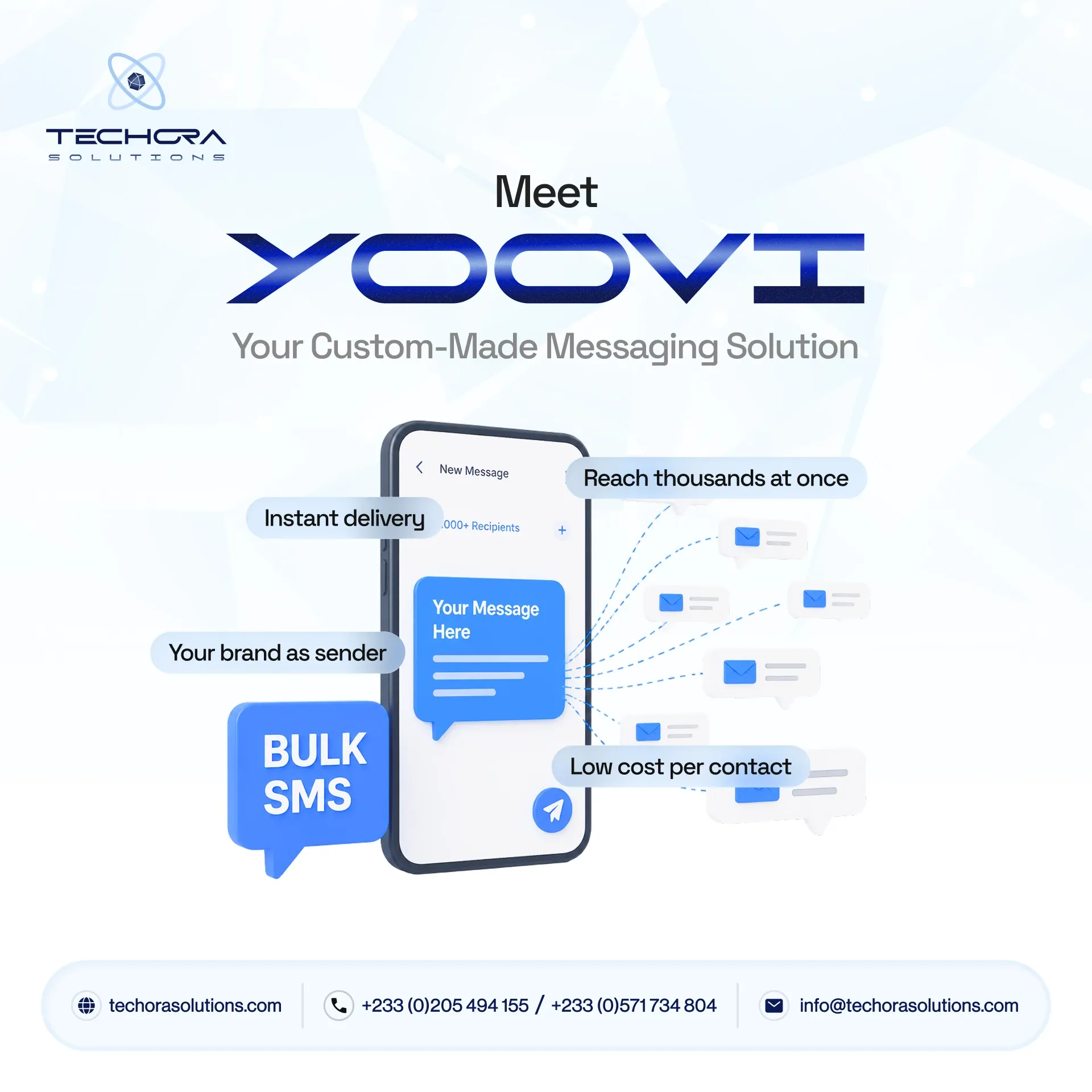 Product post: Meet Yoovi, your custom-made messaging solution, with a bulk SMS phone illustration and features