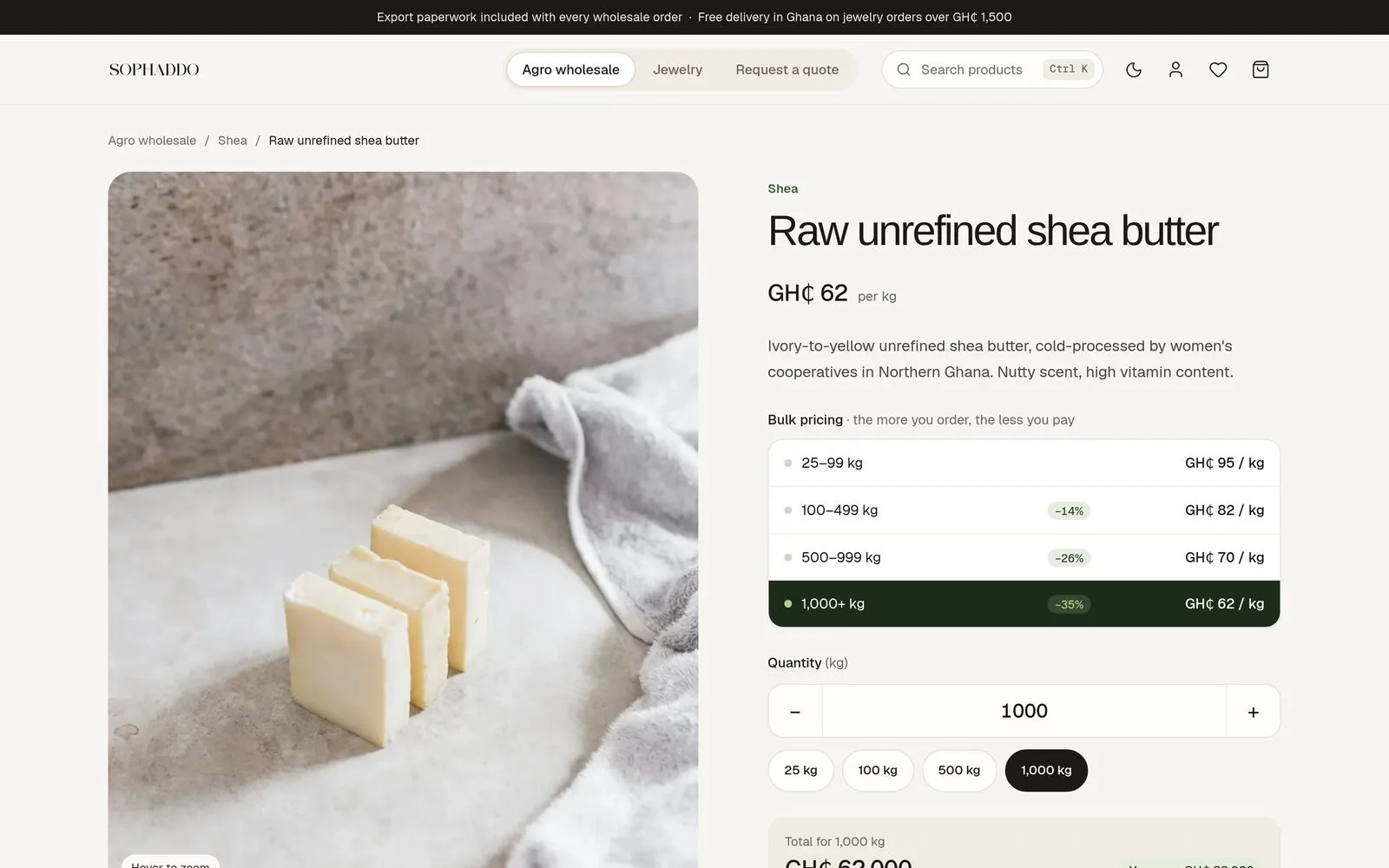 Agro product page at 1,000 kg with the best price tier highlighted and a 35% saving